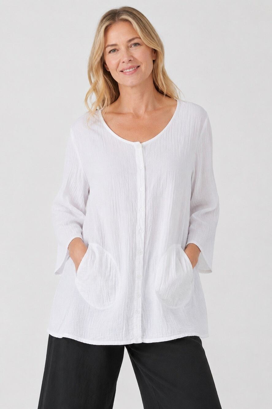 Eileen Fisher Tunic Top Sz M Button Front Gauzy Lightweight 100% Cotton Pockets